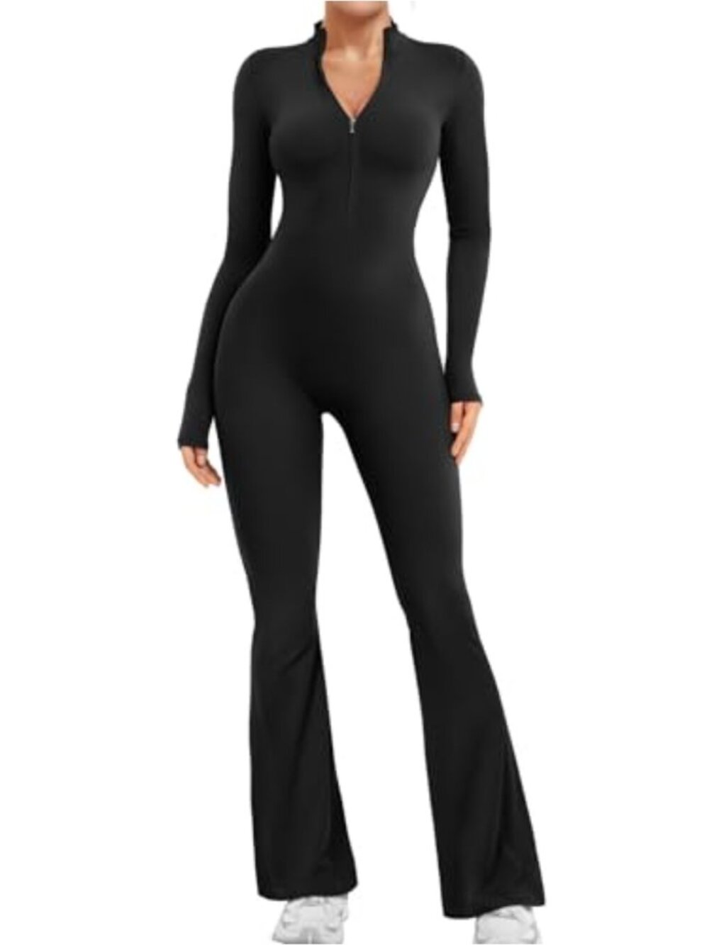 Long Sleeve Zip Up Flare Workout Jumpsuit Wide Leg Bodysuit One Piece